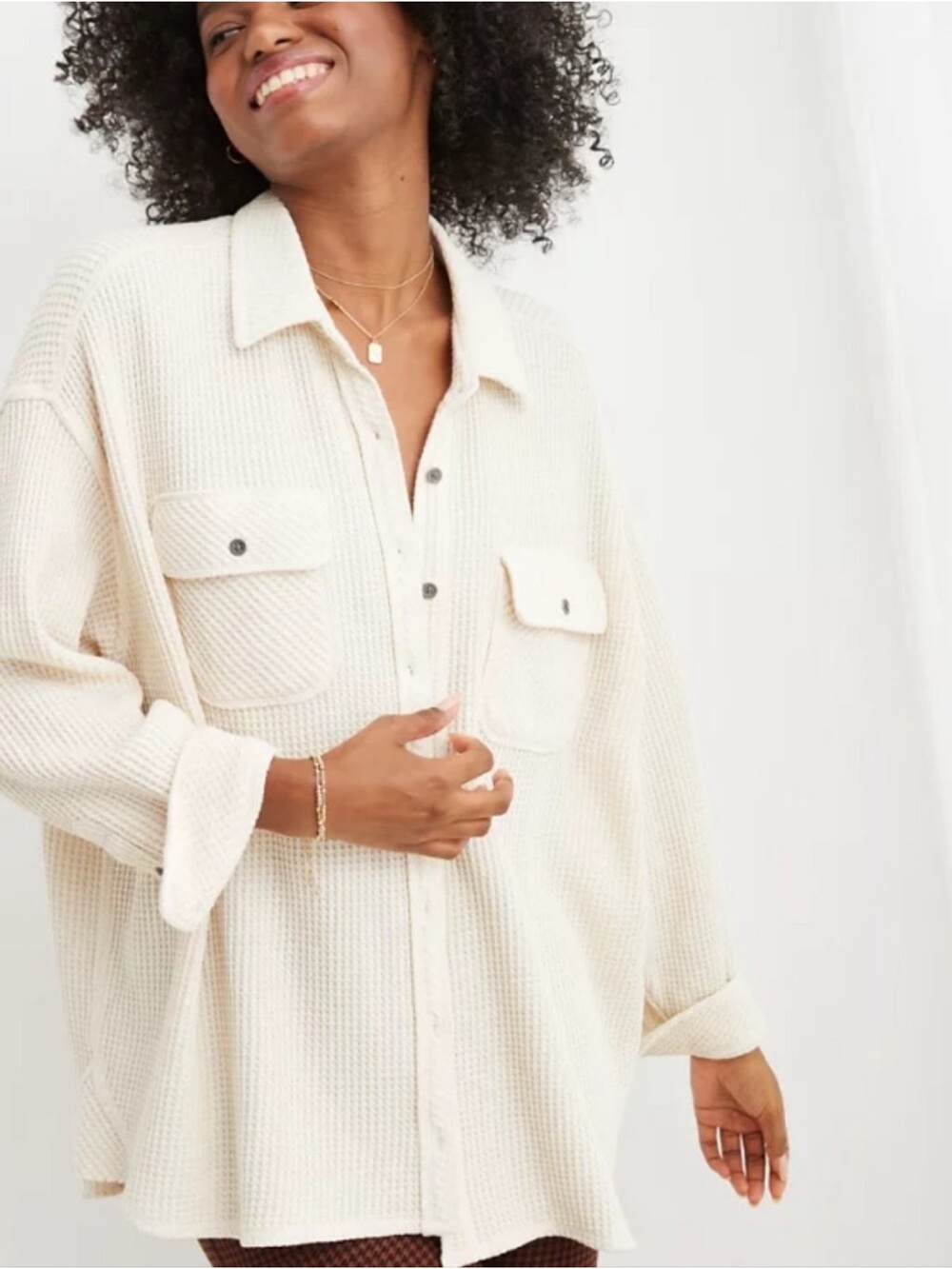 Aerie Cream Lumber Jane Waffle Knit Oversized Button Down Shirt Size XXL